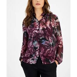 Anne Klein Women's Printed Long Sleeve Button-Front Shirt Black Multi Size M